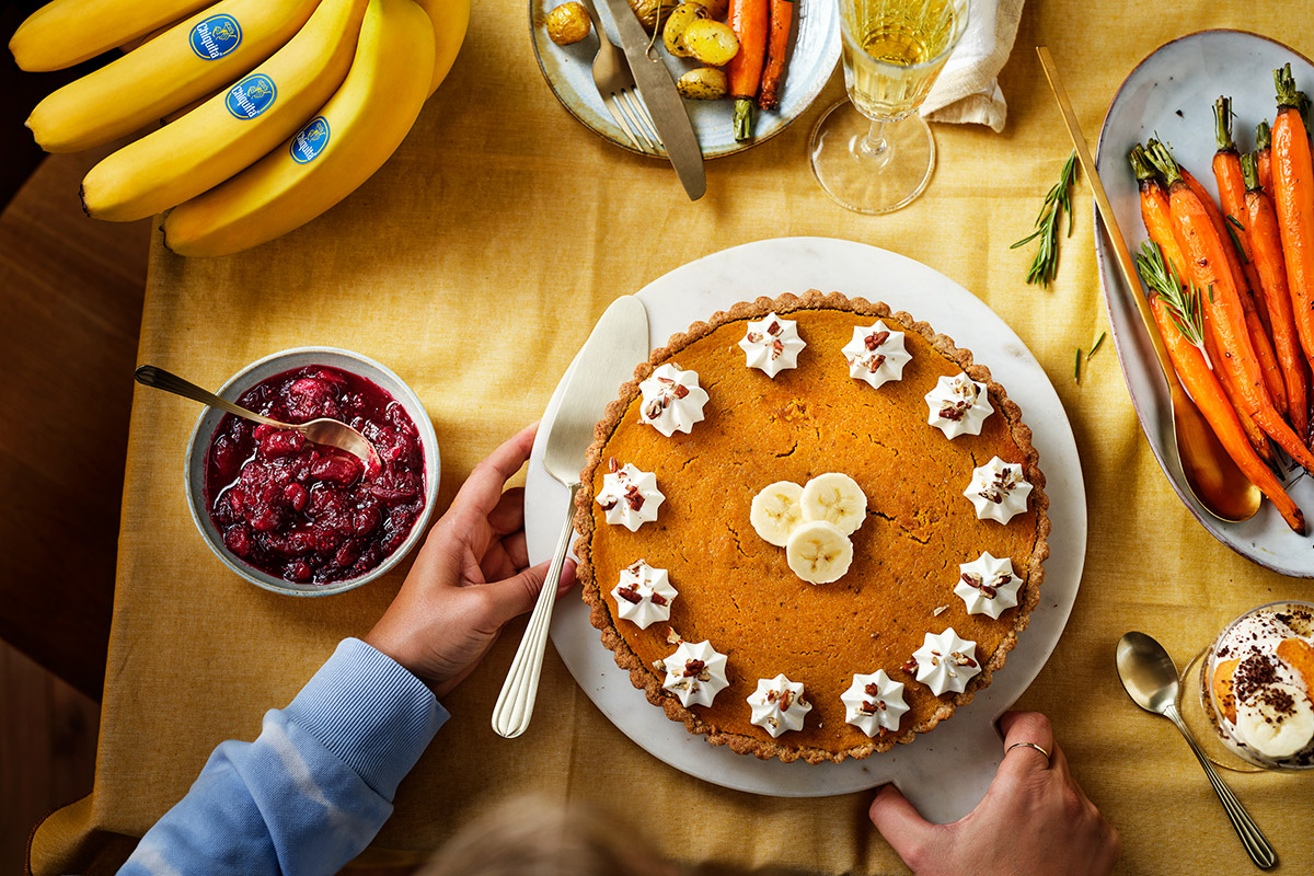 Tarta de banana y calabaza con base de galletas graham